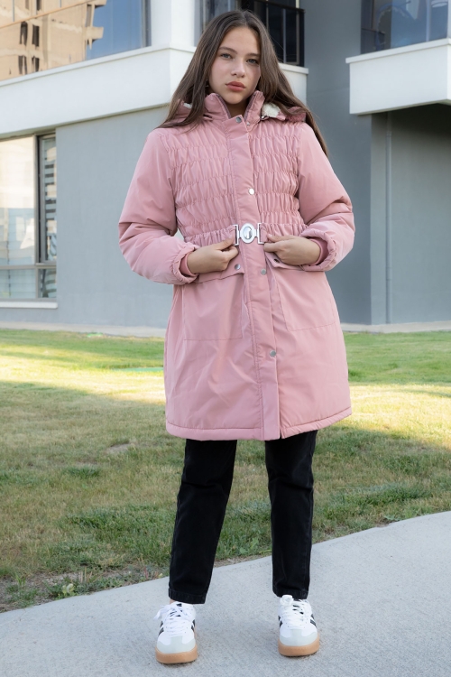 Pembe Kemerli Nubuk Kumaş Kız Çocuk İçi Kürklü Kapüşonlu Şişme Mont 21312
