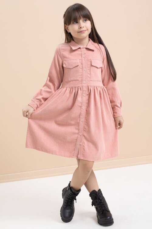 Pembe Kız Çocuk Cep Detaylı Kadife Desenli Elbise 21546