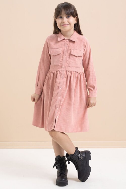 Pembe Kız Çocuk Cep Detaylı Kadife Desenli Elbise 21546