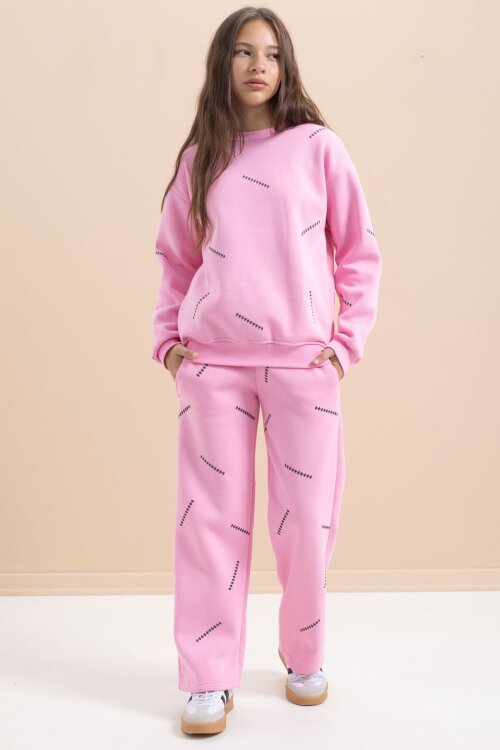 Pembe Kız Çocuk Desenli 3 İplik Şardonlu Geniş Paça Eşofman Takımı 22643