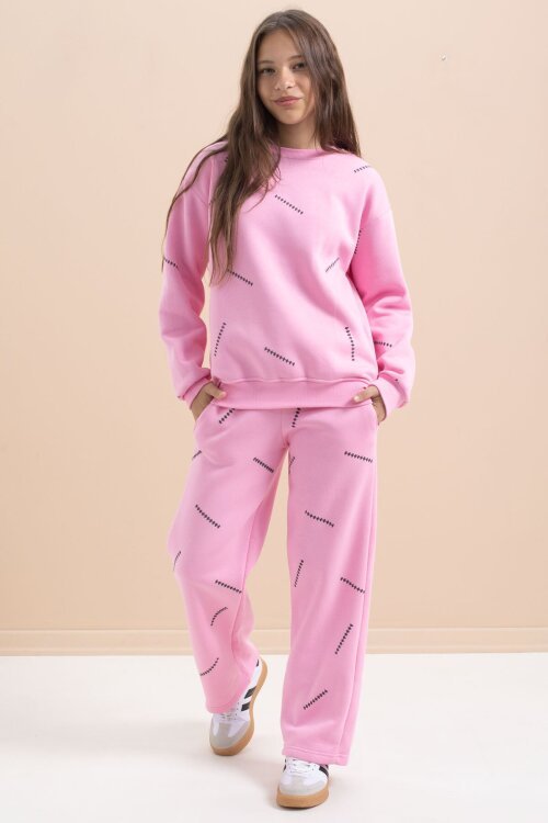 Pembe Kız Çocuk Desenli 3 İplik Şardonlu Geniş Paça Eşofman Takımı 22643