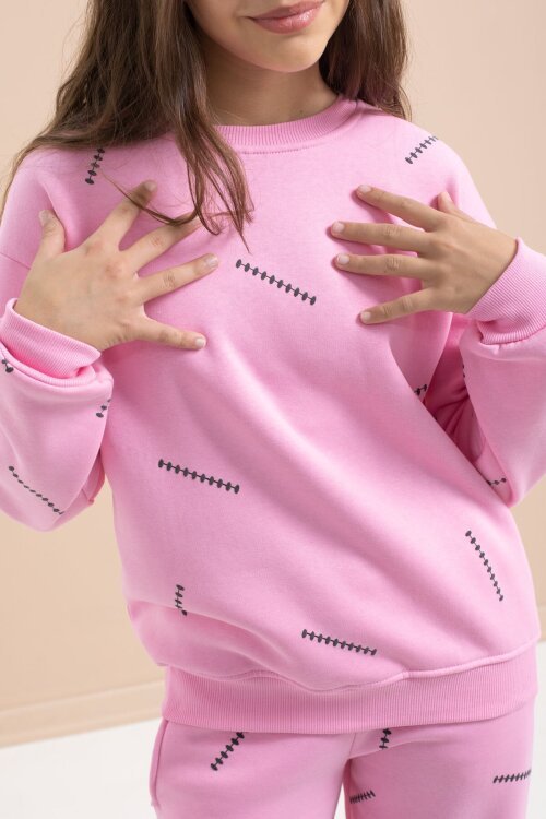 Pembe Kız Çocuk Desenli 3 İplik Şardonlu Geniş Paça Eşofman Takımı 22643