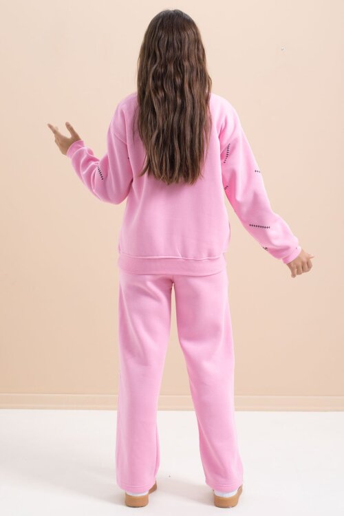 Pembe Kız Çocuk Desenli 3 İplik Şardonlu Geniş Paça Eşofman Takımı 22643