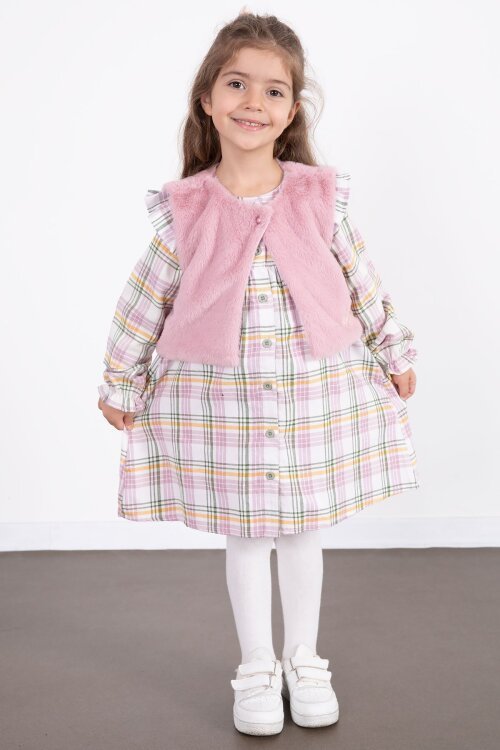 Pembe Kız Çocuk Peluş Yelekli Ekose Desenli Elbise 22696