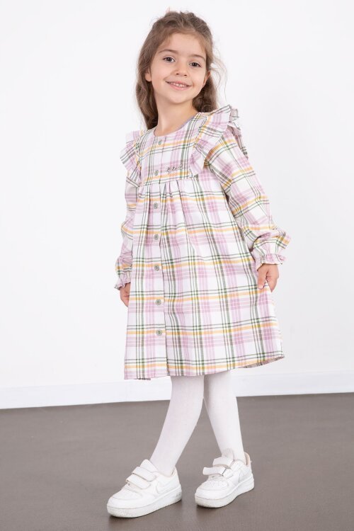 Pembe Kız Çocuk Peluş Yelekli Ekose Desenli Elbise 22696
