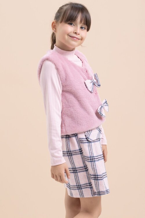 Pembe Kız Çocuk Peluş Yelekli Ekose Desenli Şort Etekli 3lü Takım 21525