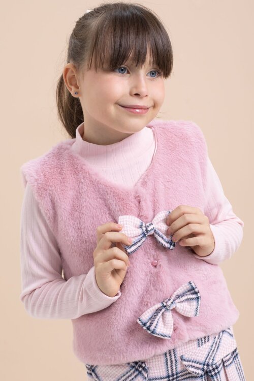 Pembe Kız Çocuk Peluş Yelekli Ekose Desenli Şort Etekli 3lü Takım 21525