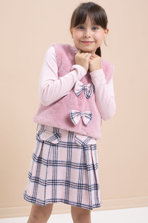 Pembe Kız Çocuk Peluş Yelekli Ekose Desenli Şort Etekli 3lü Takım 21525