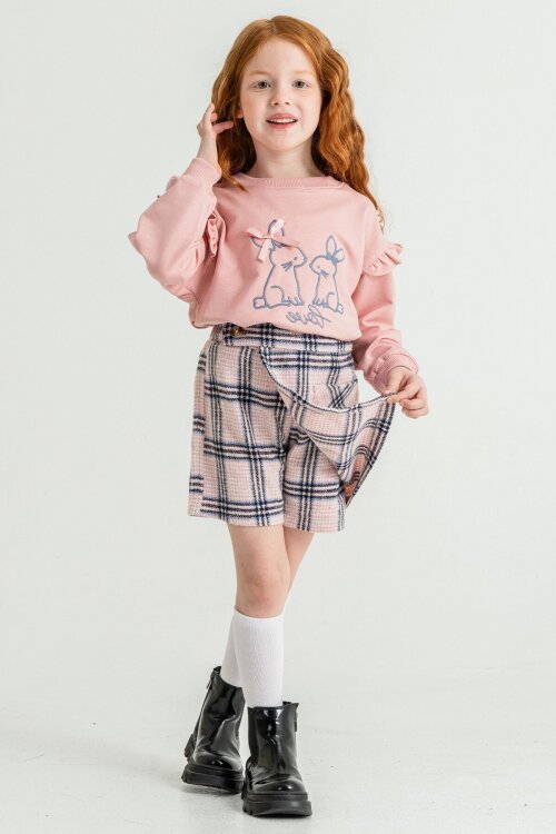 Pembe Kız Çocuk Tavşan Nakışlı Ekose Desenli Şort Etekli 2li Takım 21537