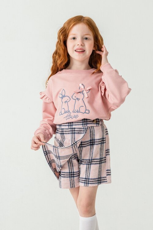 Pembe Kız Çocuk Tavşan Nakışlı Ekose Desenli Şort Etekli 2li Takım 21537