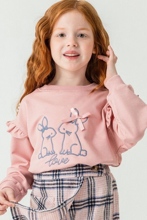 Pembe Kız Çocuk Tavşan Nakışlı Ekose Desenli Şort Etekli 2li Takım 21537