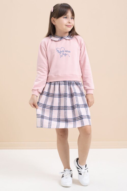 Pembe Kız Çocuk Yazı Baskılı Ekose Desenli Elbise 21543