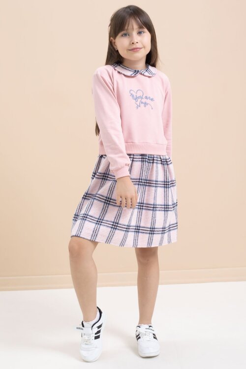 Pembe Kız Çocuk Yazı Baskılı Ekose Desenli Elbise 21543