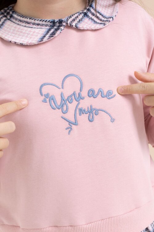 Pembe Kız Çocuk Yazı Baskılı Ekose Desenli Elbise 21543