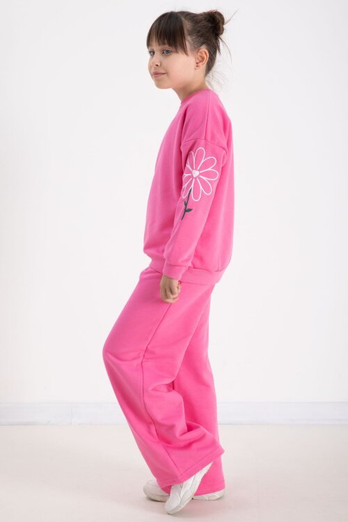 Pembe Kolları Papatya Nakışlı Bisiklet Yaka Kız Çocuk Eşofman Takımı 22743