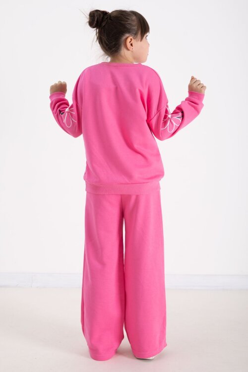 Pembe Kolları Papatya Nakışlı Bisiklet Yaka Kız Çocuk Eşofman Takımı 22743