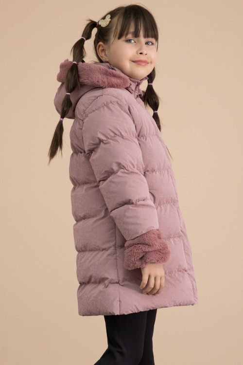 Pembe Kolu Kürk Detaylı İçi Yünlü Kız Çocuk Kapüşonlu Şişme Mont 21329