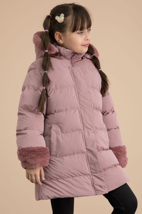 Pembe Kolu Kürk Detaylı İçi Yünlü Kız Çocuk Kapüşonlu Şişme Mont 21329