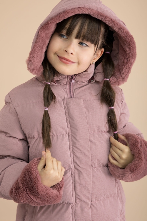 Pembe Kolu Kürk Detaylı İçi Yünlü Kız Çocuk Kapüşonlu Şişme Mont 21329