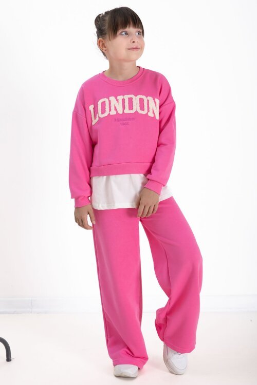 Pembe London Yazılı Nakışlı Kız Çocuk Geniş Paça Eşofman Takımı 22724