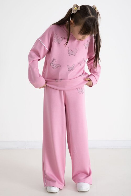 Pembe Payetli Kelebek İşlemeli Geniş Paça Kız Çocuk Eşofman Takımı 22734