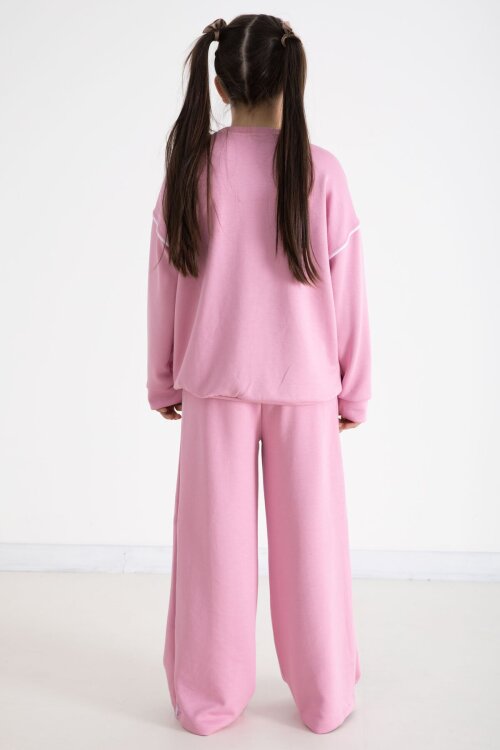 Pembe Payetli Kelebek İşlemeli Geniş Paça Kız Çocuk Eşofman Takımı 22734