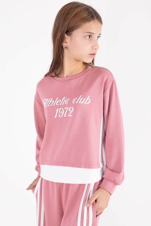 Pembe Şerit Detaylı Yazılı Geniş Paça Kız Çocuk Takım 22773