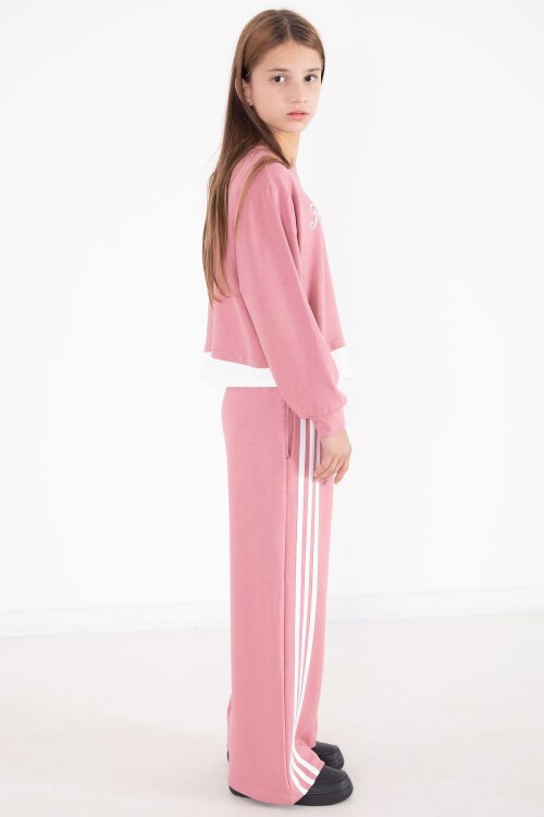 Pembe Şerit Detaylı Yazılı Geniş Paça Kız Çocuk Takım 22773