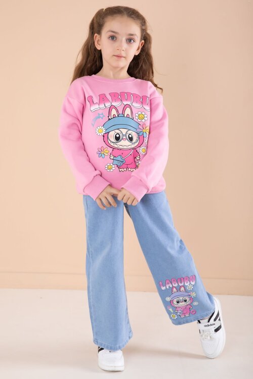 Pembe Sevimli Karakter Baskılı Jean Pantolonlu Kız Çocuk 2li Takım  22748