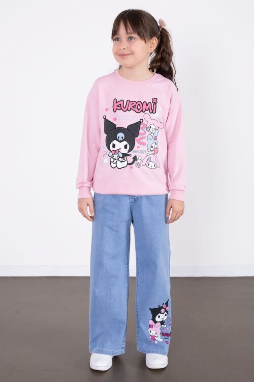 Pembe Simli Baskılı Badili Jean Pantolonlu Kız Çocuk 2li Takım 22756