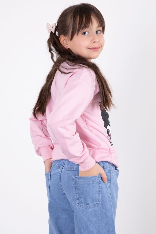 Pembe Simli Baskılı Badili Jean Pantolonlu Kız Çocuk 2li Takım 22756