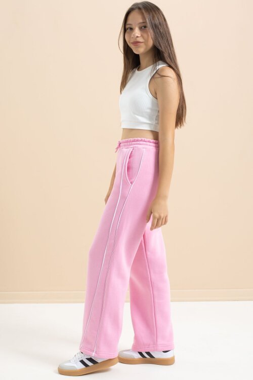 Pembe Yanları Şeritli Geniş Paça Kız Çocuk Şardonlu Eşofman Altı 21466