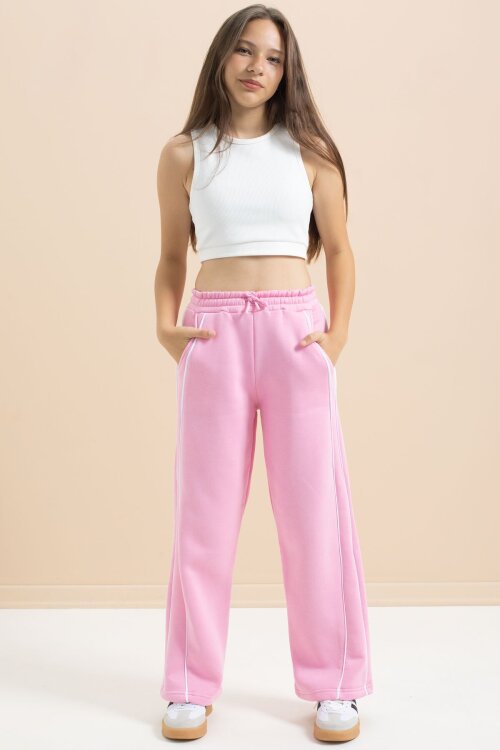 Pembe Yanları Şeritli Geniş Paça Kız Çocuk Şardonlu Eşofman Altı 21466