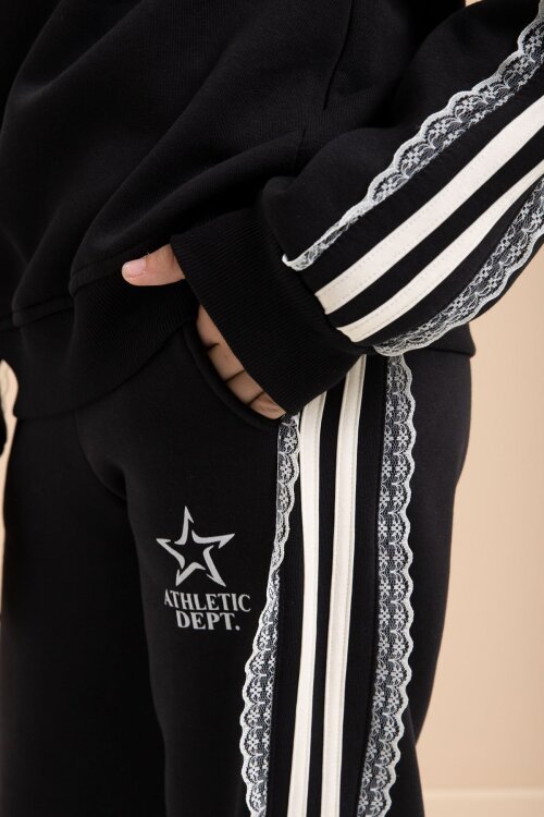 Siyah 3 İplik Şardonlu Şeritli Dantel  Detaylı Kız Çocuk Kapüşonlu Eşofman Takımı  22719