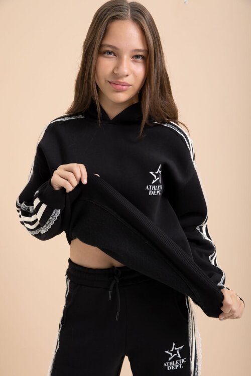 Siyah 3 İplik Şardonlu Şeritli Dantel  Detaylı Kız Çocuk Kapüşonlu Eşofman Takımı  22719