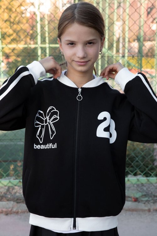 Siyah Beautifull Yazılı Kolu Şeritli Kız Çocuk Kolej Hırka 21190