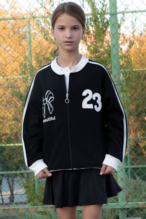 Siyah Beautifull Yazılı Kolu Şeritli Kız Çocuk Kolej Hırka 21190