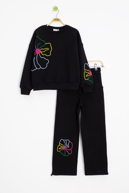 Siyah Çiçek Nakış Detaylı Geniş Paça Kız Çocuk Şardonlu Takım 23283