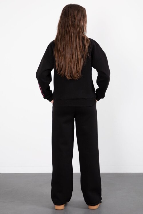 Siyah Çiçek Nakış Detaylı Geniş Paça Kız Çocuk Şardonlu Takım 23283