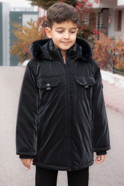 Siyah Çıtçıtlı Göğüs Cepli İçi Kürklü Erkek Çocuk Kapüşonlu Mont 21349