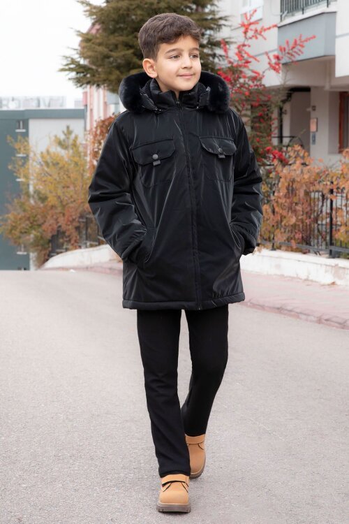 Siyah Çıtçıtlı Göğüs Cepli İçi Kürklü Erkek Çocuk Kapüşonlu Mont 21349