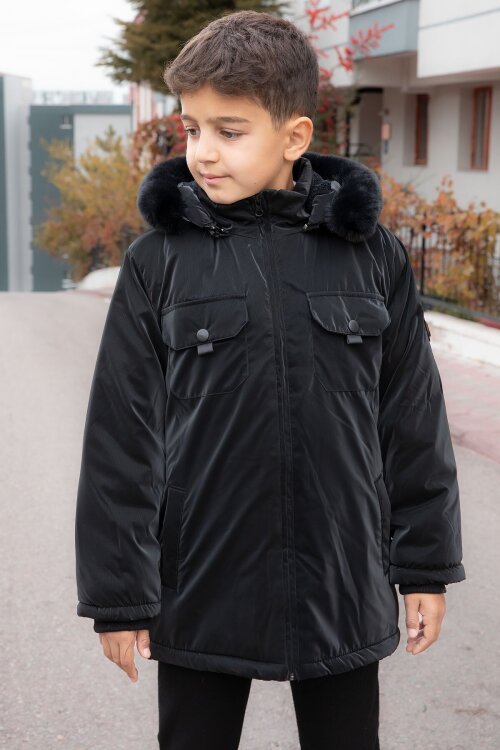 Siyah Çıtçıtlı Göğüs Cepli İçi Kürklü Erkek Çocuk Kapüşonlu Mont 21349