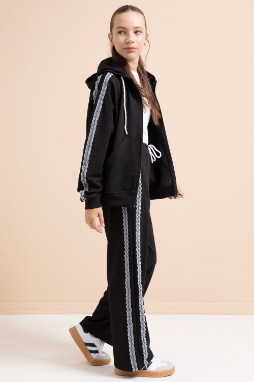 Siyah Dantel Şeritli Hırkalı Kız Çocuk 2li Eşofman Takımı 21242