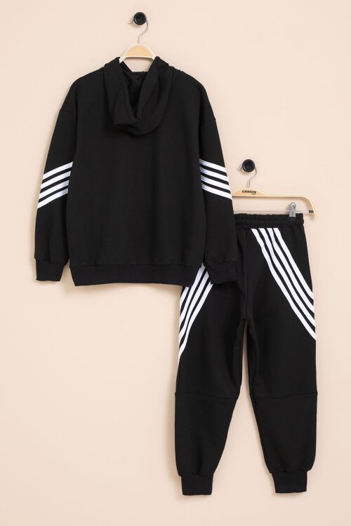 Siyah Erkek Çocuk Keep Going Yazılı Şeritli Erkek Çocuk Kapüşonlu Eşofman Takımı 23416