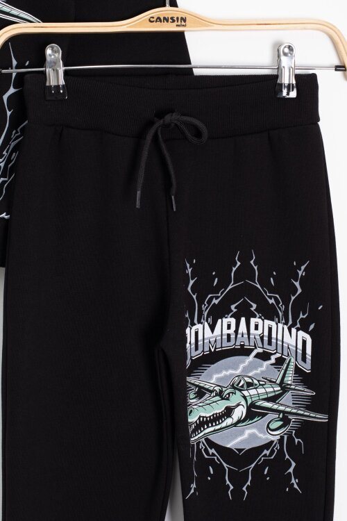 Siyah Erkek Çocuk Yazılı Karakter Baskılı Şardonlu Eşofman Takımı 23286