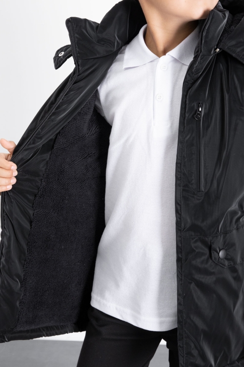 Siyah Fermuarlı Göğüs Cepli İçi Kürklü Erkek Çocuk Kapüşonlu Mont 21356