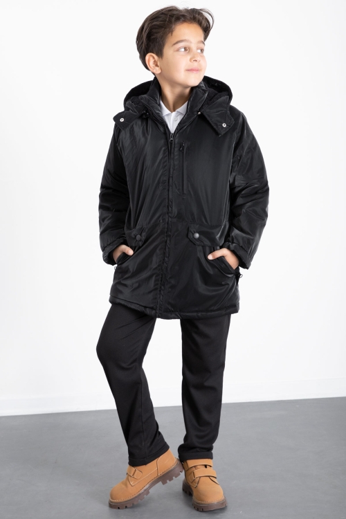 Siyah Fermuarlı Göğüs Cepli İçi Kürklü Erkek Çocuk Kapüşonlu Mont 21356