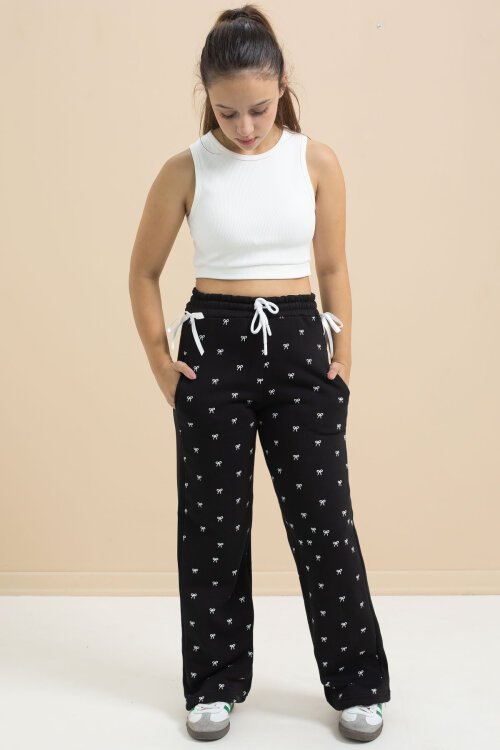 Siyah Fiyonk Baskılı Geniş Paça Kız Çocuk Şardonlu Eşofman Altı 23424