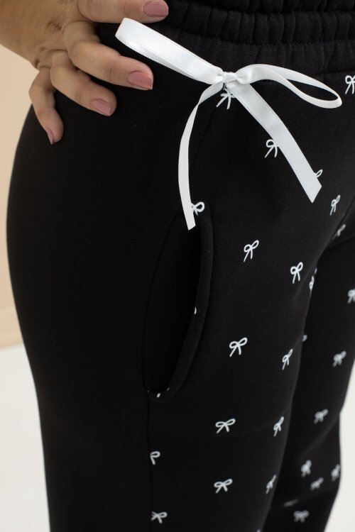 Siyah Fiyonk Baskılı Geniş Paça Kız Çocuk Şardonlu Eşofman Altı 23424