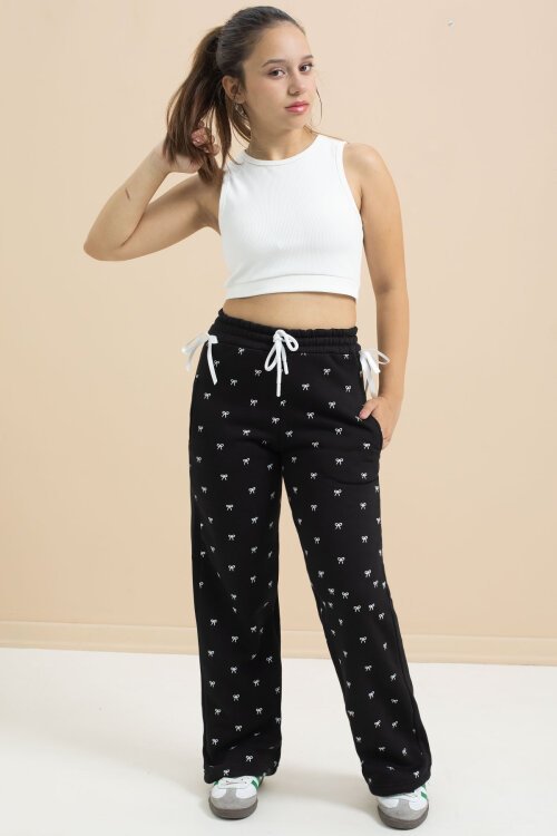 Siyah Fiyonk Baskılı Geniş Paça Kız Çocuk Şardonlu Eşofman Altı 23424